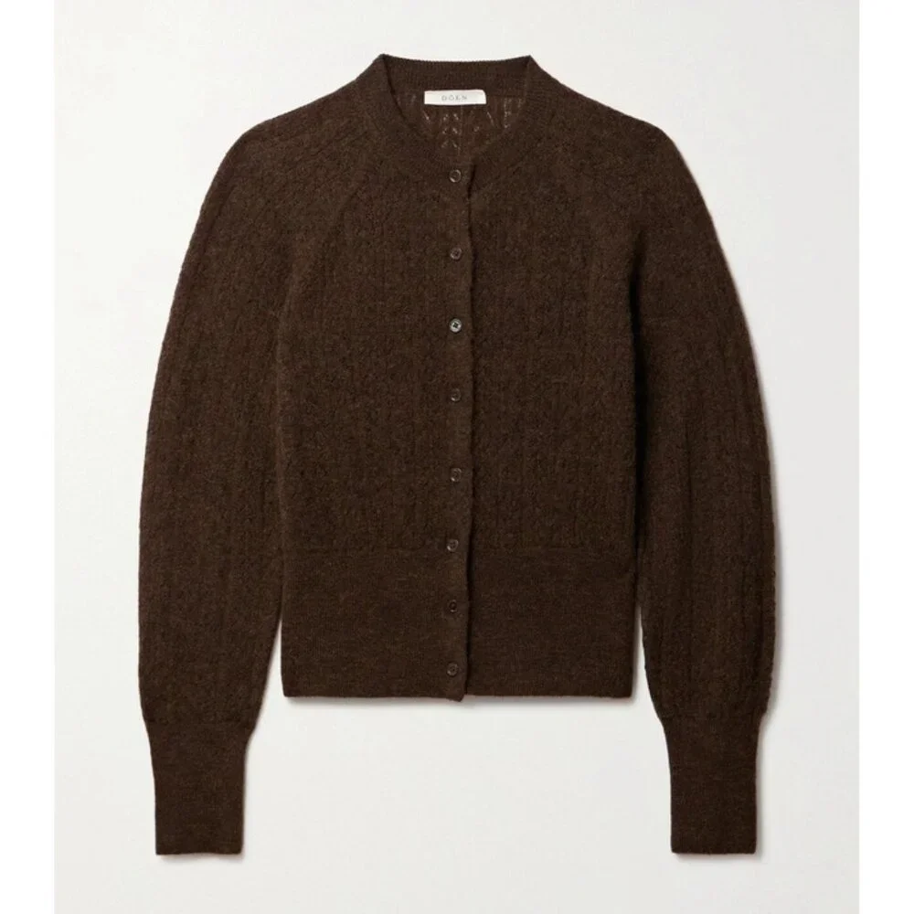 Doen Eileen Brown Alpaca Blend Button Front Cable Knit Cardigan in Dark Cacao - Picture 2 of 11